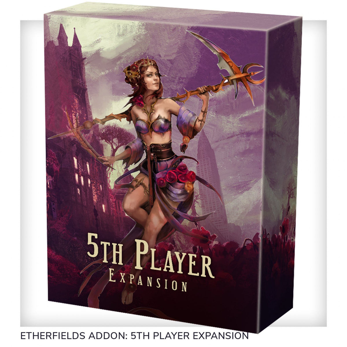 Etherfields Addon 5th Player Expansion game box featuring a detailed illustration of a female character with a staff and a fantasy gothic setting