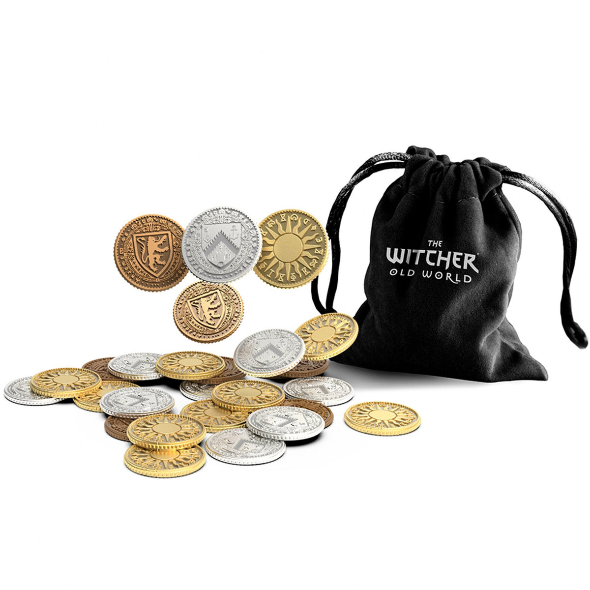 The Witcher Old World metal coins set with gold silver and bronze coins spilling from a black drawstring bag
