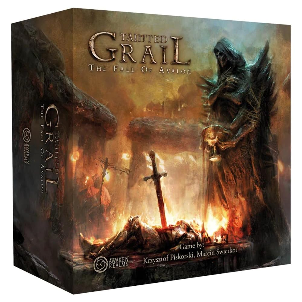 The Tainted Grail The Fall of Avalon game box features a dark fantasy scene with a winged skeletal figure, a burning armored body, and a sword plunged into the ground