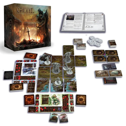 Tainted Grail - The Fall of Avalon board game components including the box, rulebook, miniatures, cards, and tokens are spread out on a white surface