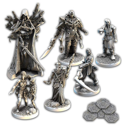 A set of six detailed gray fantasy miniatures including warriors and a skeletal figure, plus a stack of octagonal coins from Tainted Grail - The Fal of Avalon