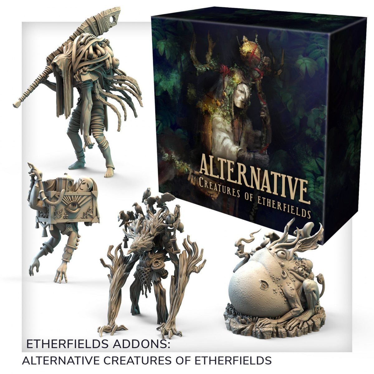 Alternative Creatures of Etherfields fantasy board game add-on box with detailed unpainted miniatures including a shaman tree-like monster and more