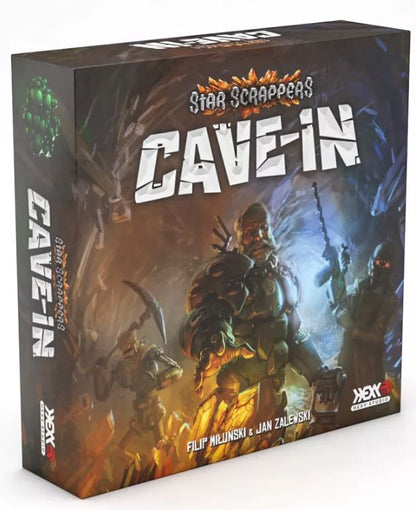 Star Scrappers Cave-In board game box features miners battling subterranean creatures in a luminous crystal cave