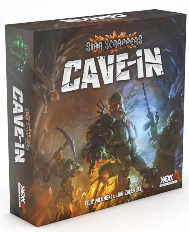 Star Scrappers Cave-In board game box features miners battling subterranean creatures in a luminous crystal cave