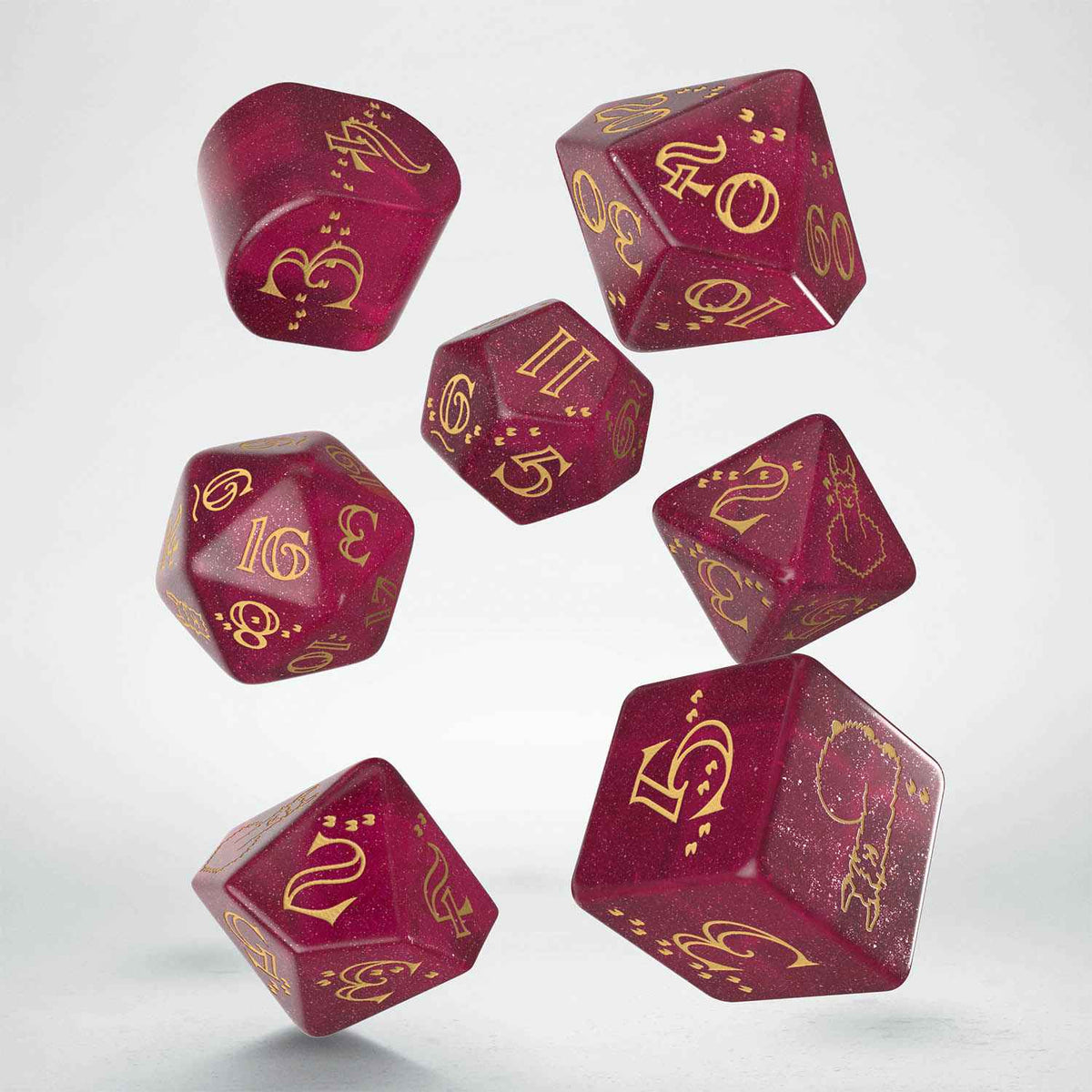 Dark red glittery polyhedral dice with gold markings float scattered against a light background.