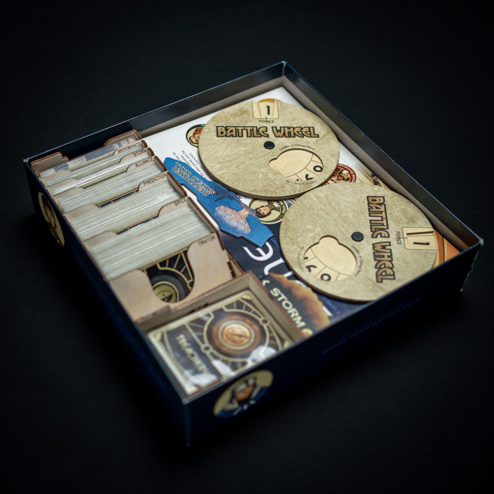 Side view of Laserox insert with organized game components