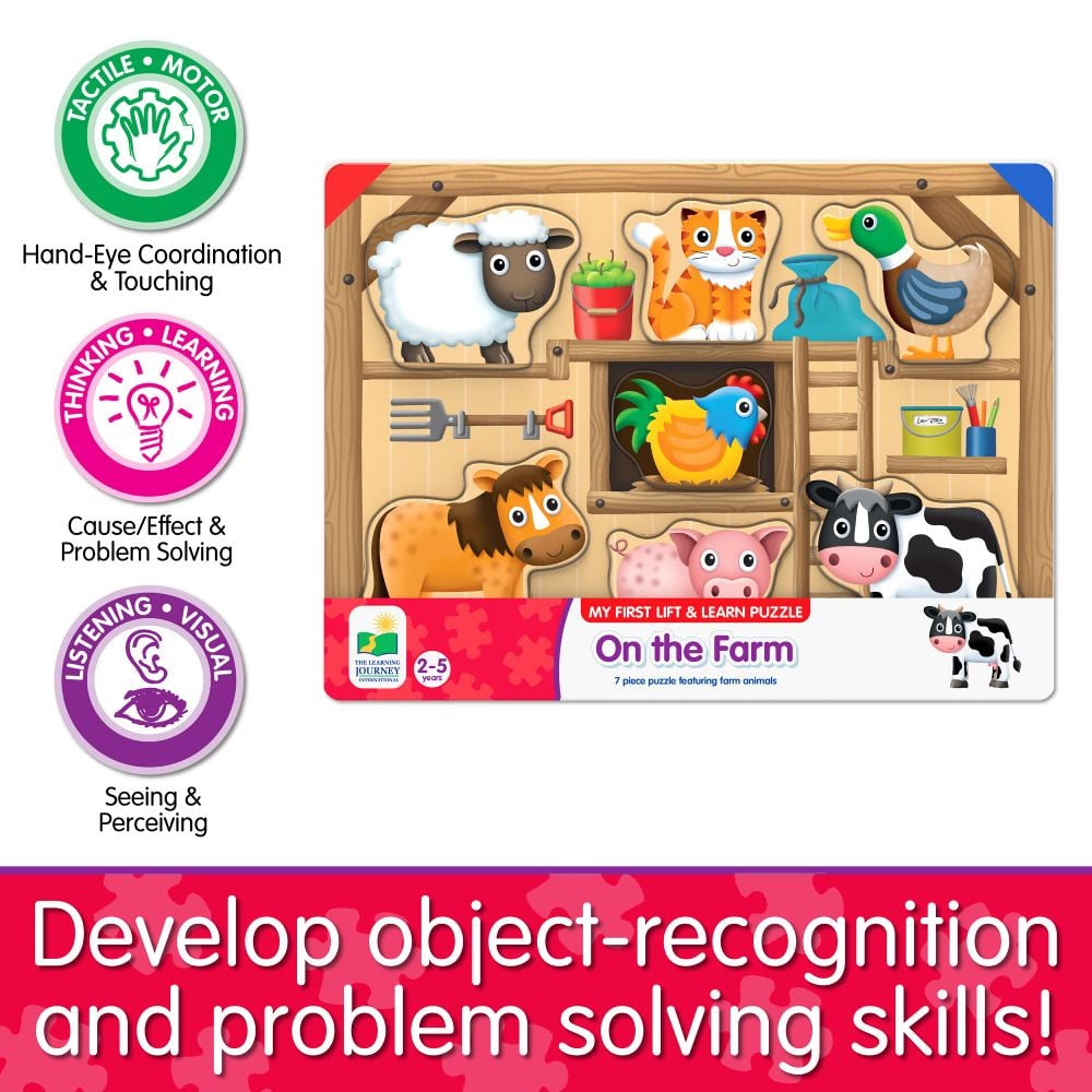 Farm animal lift and learn puzzle with sheep, cat, duck, rooster, horse, pig, and cow shapes; text highlights tactile and problem-solving skills