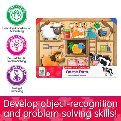 Farm animal lift and learn puzzle with sheep, cat, duck, rooster, horse, pig, and cow shapes; text highlights tactile and problem-solving skills