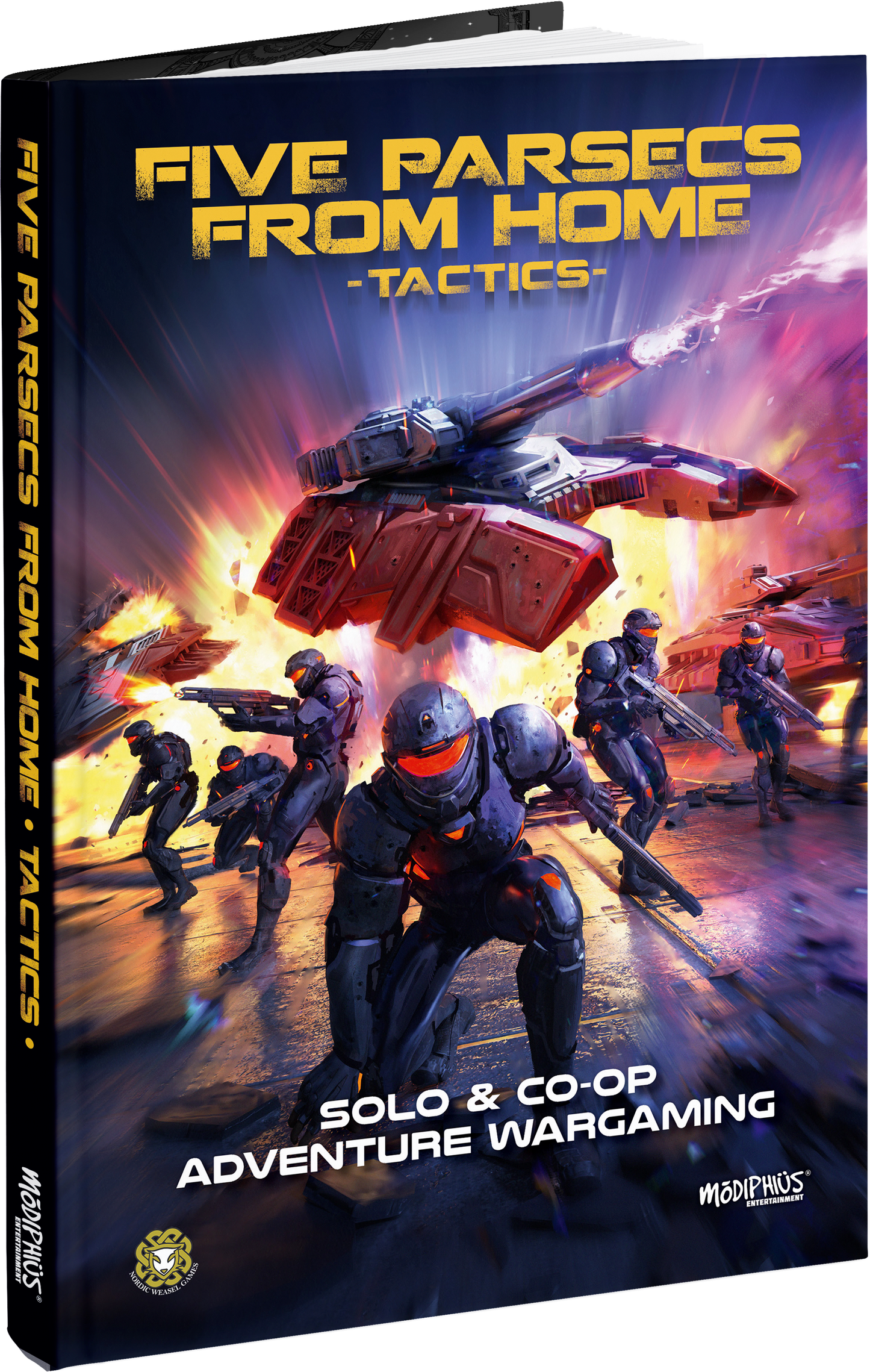 Armored sci-fi soldiers battle a large hover tank amidst explosions
