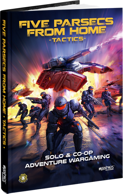 Armored sci-fi soldiers battle a large hover tank amidst explosions