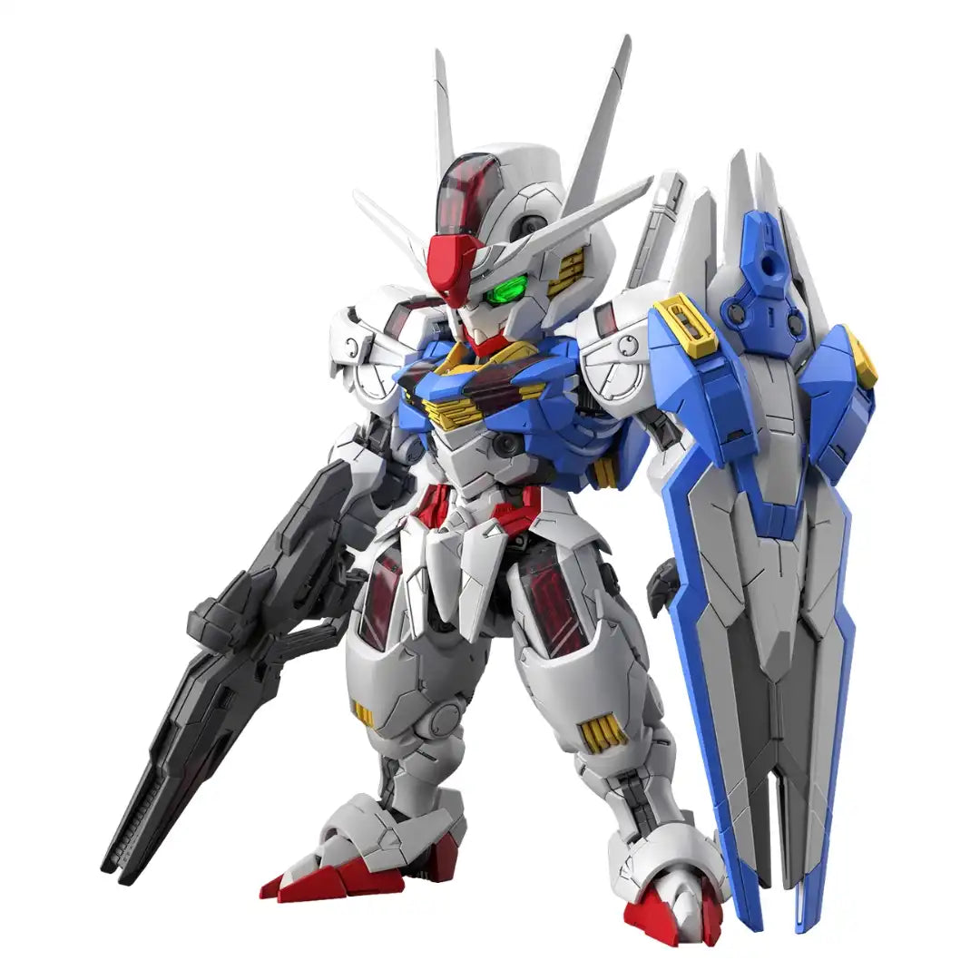MGSD Gundam Aerial figure in white and blue, holding a long rifle and large blue shield