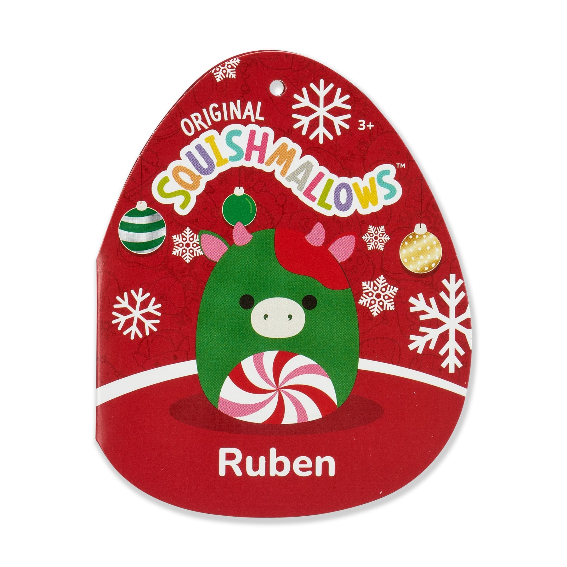 Squishmallows hangtag for Ruben, a green Christmas cow with a peppermint belly, on a red background with snowflakes
