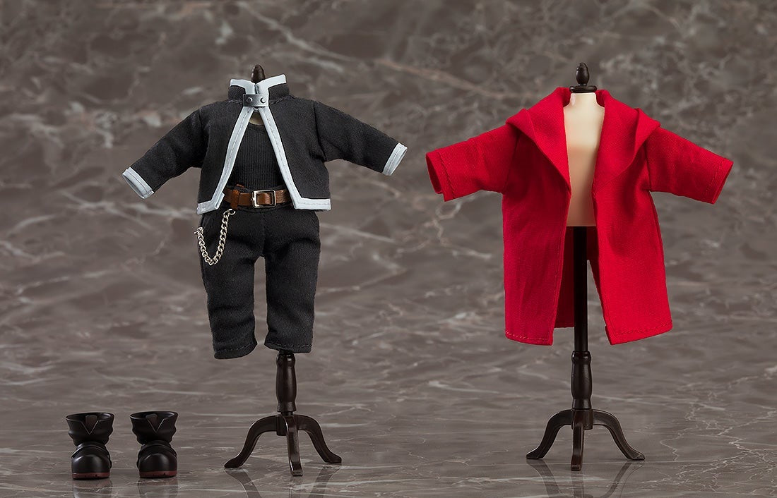 Outfits on mannequins black jacket/pants set with belt/chain, red coat