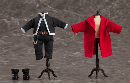 Outfits on mannequins black jacket/pants set with belt/chain, red coat