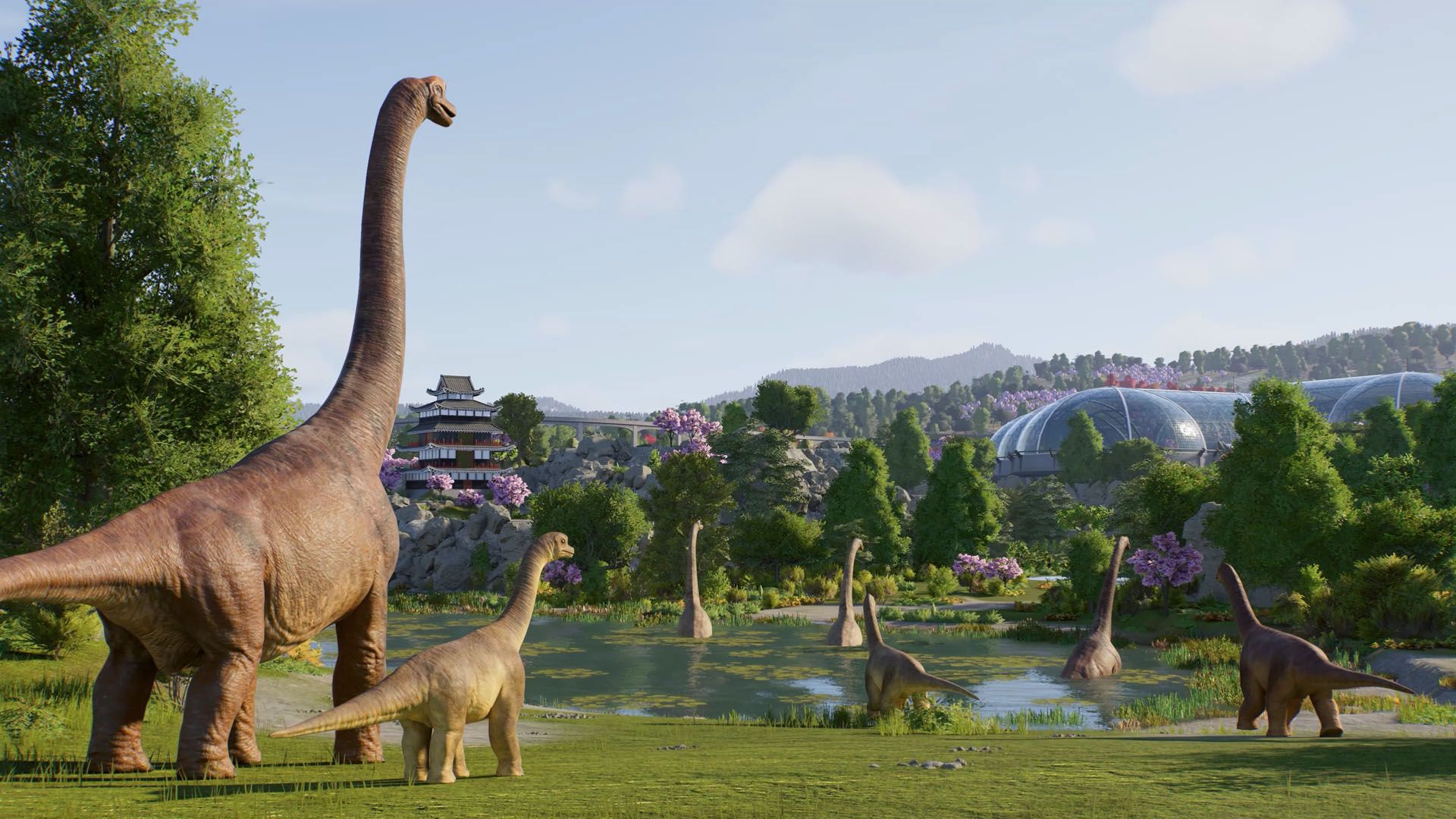 Brachiosaurus group in a themed dinosaur park with a pagoda, pond, and futuristic glass dome enclosures