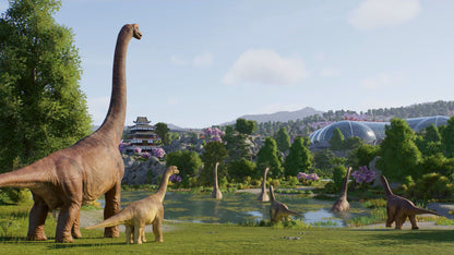 Brachiosaurus group in a themed dinosaur park with a pagoda, pond, and futuristic glass dome enclosures