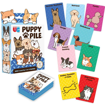 University Games Puppy Pile card game box, deck, and colourful playing cards showing various puppy breeds and point cards