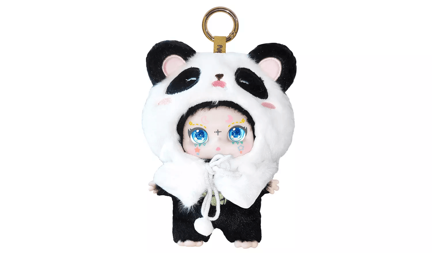 Black and white plush doll keychain in a panda suit with big blue eyes and celestial face paint