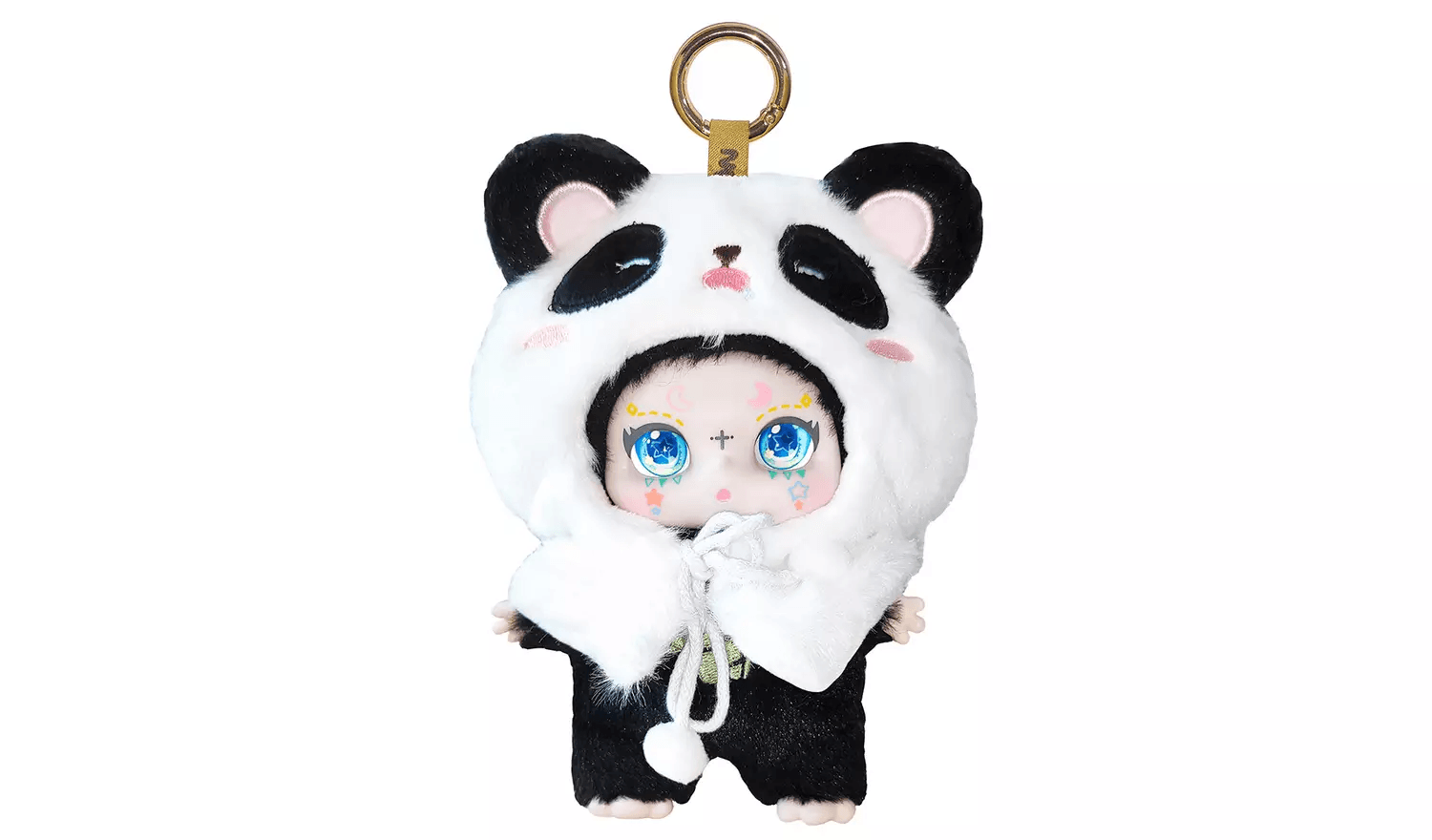Black and white plush doll keychain in a panda suit with big blue eyes and celestial face paint