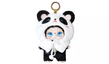 Black and white plush doll keychain in a panda suit with big blue eyes and celestial face paint