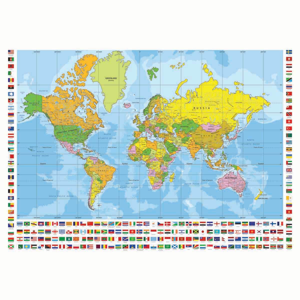 Detailed political world map with colourful countries and oceans, bordered by hundreds of international flags