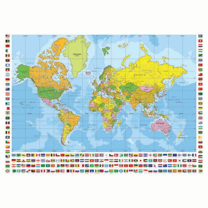 Detailed political world map with colourful countries and oceans, bordered by hundreds of international flags