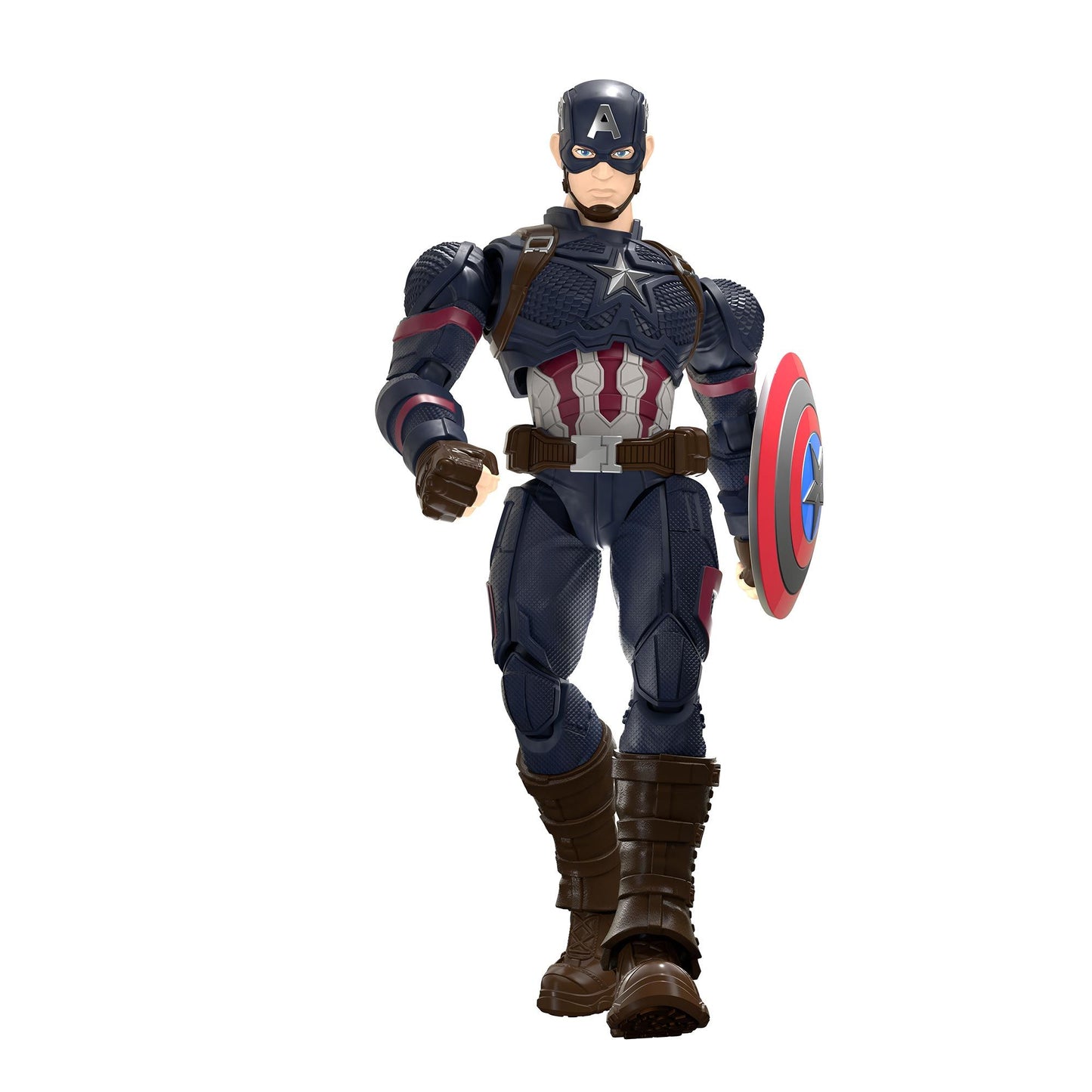 Captain America action figure in tactical armor walking forward, holding the iconic shield