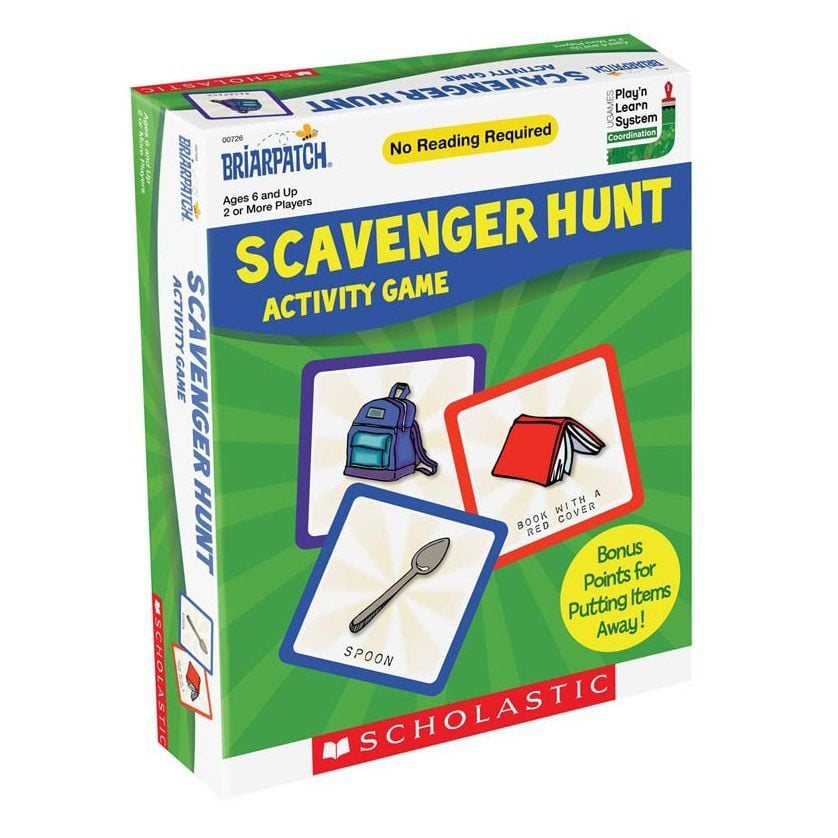 Scholastic Scavenger Hunt Activity Game box, features item cards for a backpack, red book, and spoon