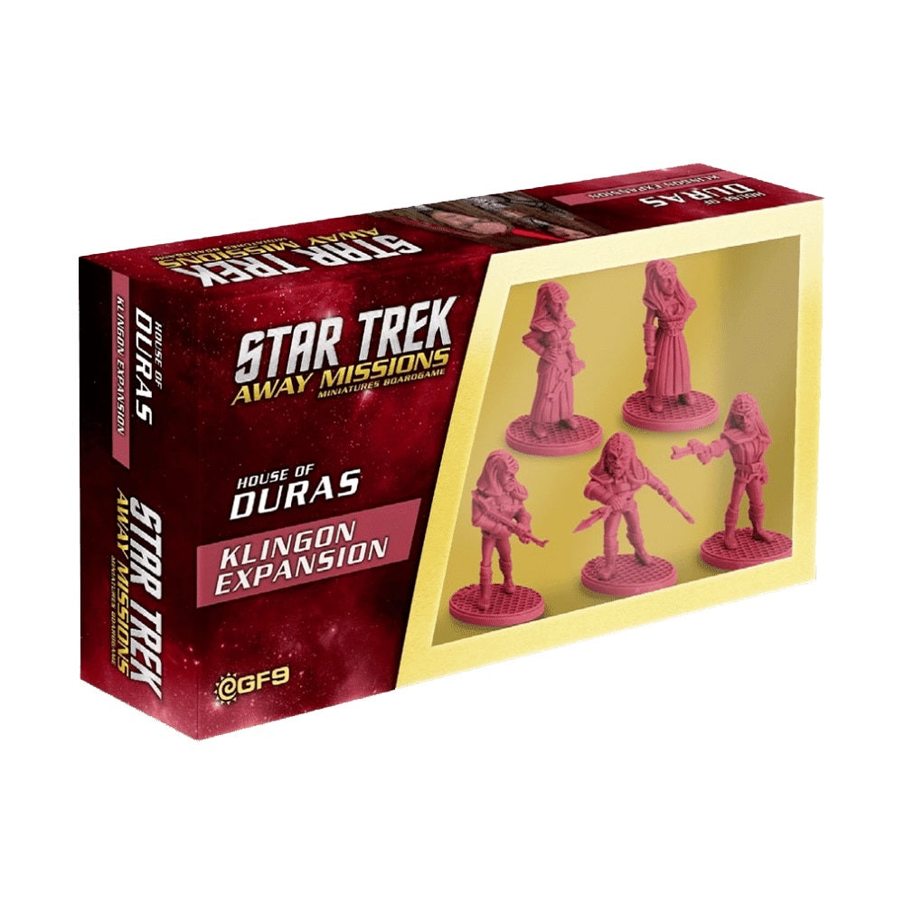 Star Trek Away Missions: House of Duras Klingon Expansion box showing 6 unpainted reddish-pink Klingon miniatures.