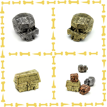 Textured metal skull and chest figurines in silver, gold, and copper, bordered by yellow bones.