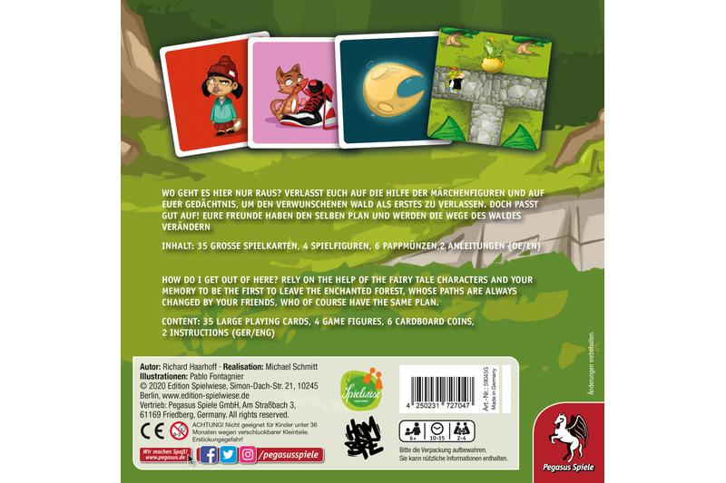 Back of Memorinth board game box showing game cards figures coins and text descriptions in German and English