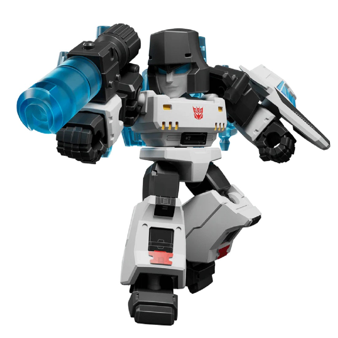 Stylized Megatron action figure with a blue fusion cannon, posed dynamically