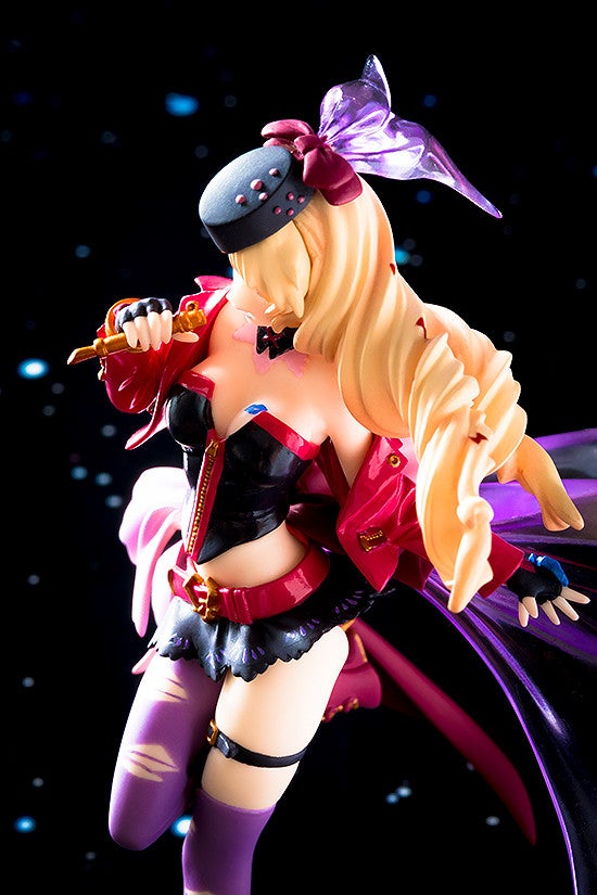 Anime figure of a woman in a red jacket black corset top and purple thigh-high socks holding a microphone