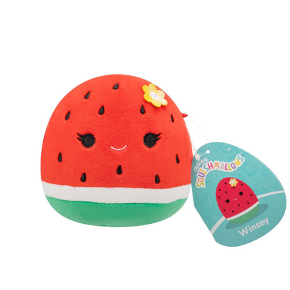 Smiling red and green watermelon plush toy with black seeds, a yellow flower, and a 'Squishmallows Winsey' tag
