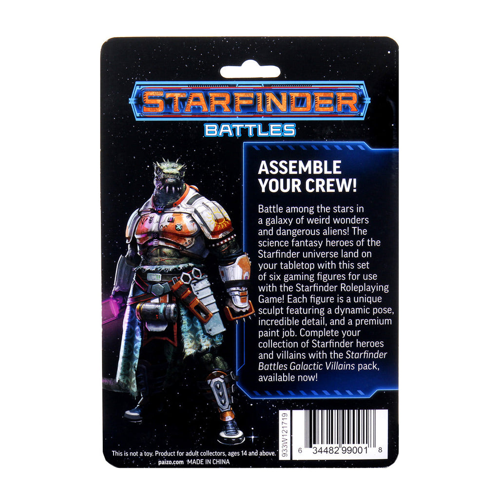 Back of Starfinder Battles Galactic Heroes set package: an armored alien miniature holds a glowing purple weapon