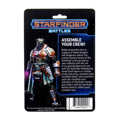 Back of Starfinder Battles Galactic Heroes set package: an armored alien miniature holds a glowing purple weapon