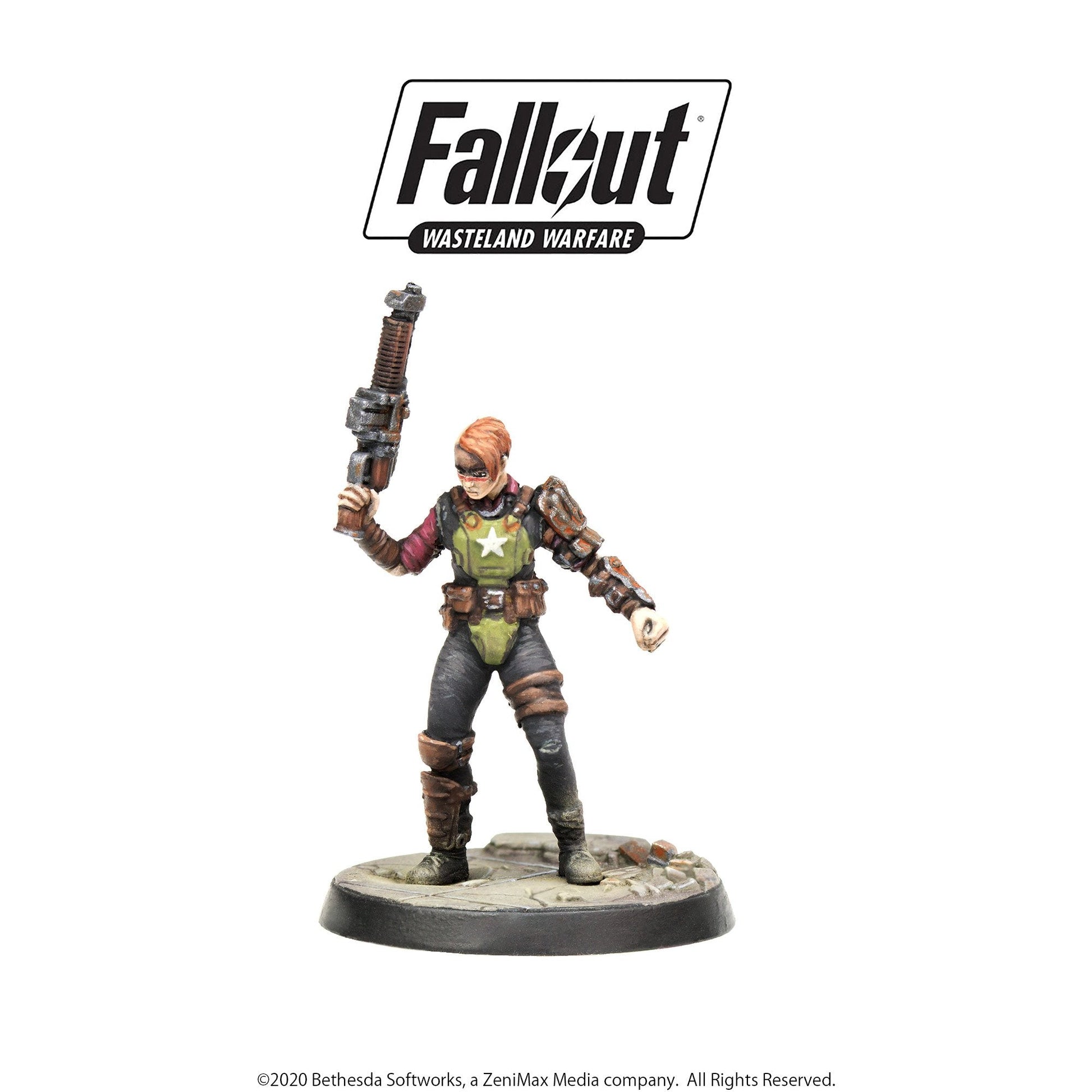Fallout Wasteland Warfare miniature: Female character with red war paint, green armor and star, holding a rusty rifle