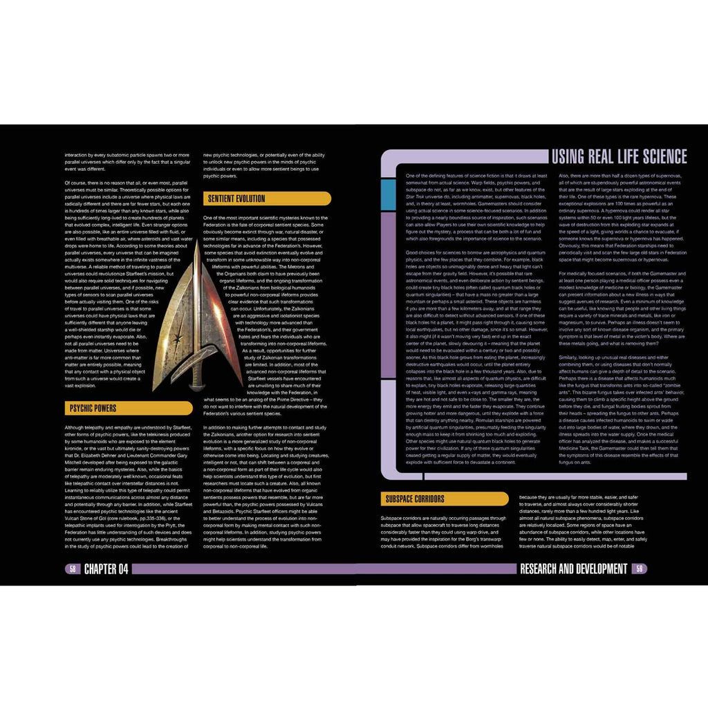 A classic Starfleet vessel illustration, like the Enterprise, breaks up columns of sci-fi text on a document page