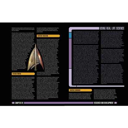 A classic Starfleet vessel illustration, like the Enterprise, breaks up columns of sci-fi text on a document page