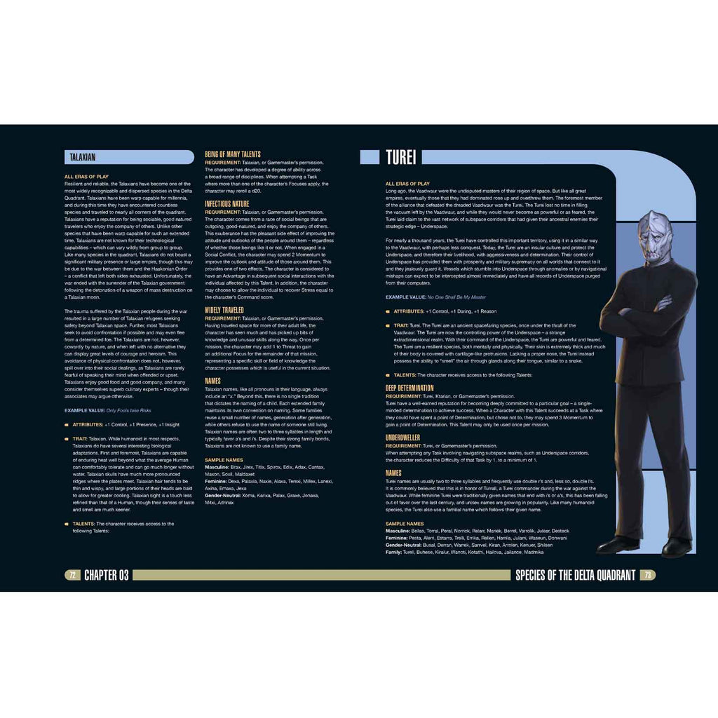 A portrait of a grey-skinned Turei humanoid with pointed ears and a serious expression, on a sci-fi lore page