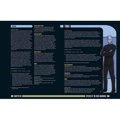 A portrait of a grey-skinned Turei humanoid with pointed ears and a serious expression, on a sci-fi lore page