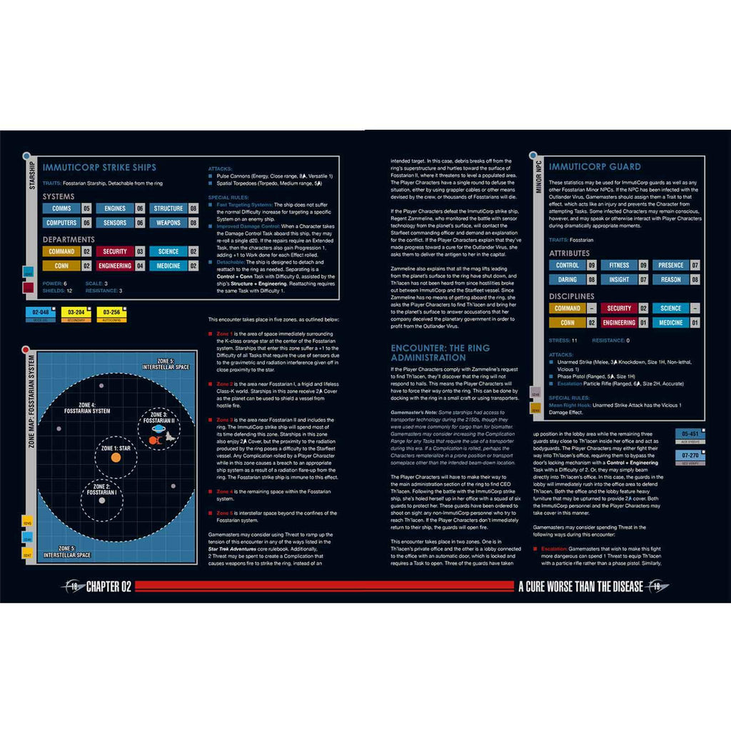 Sci-fi game manual page displaying 'ImmutiCorp' stats, rules, and a 'Fosstarian System' map