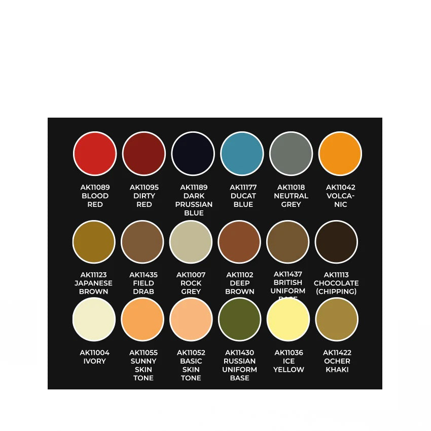 Paint color chart with 18 swatches on a dark background, each labeled with a code and name