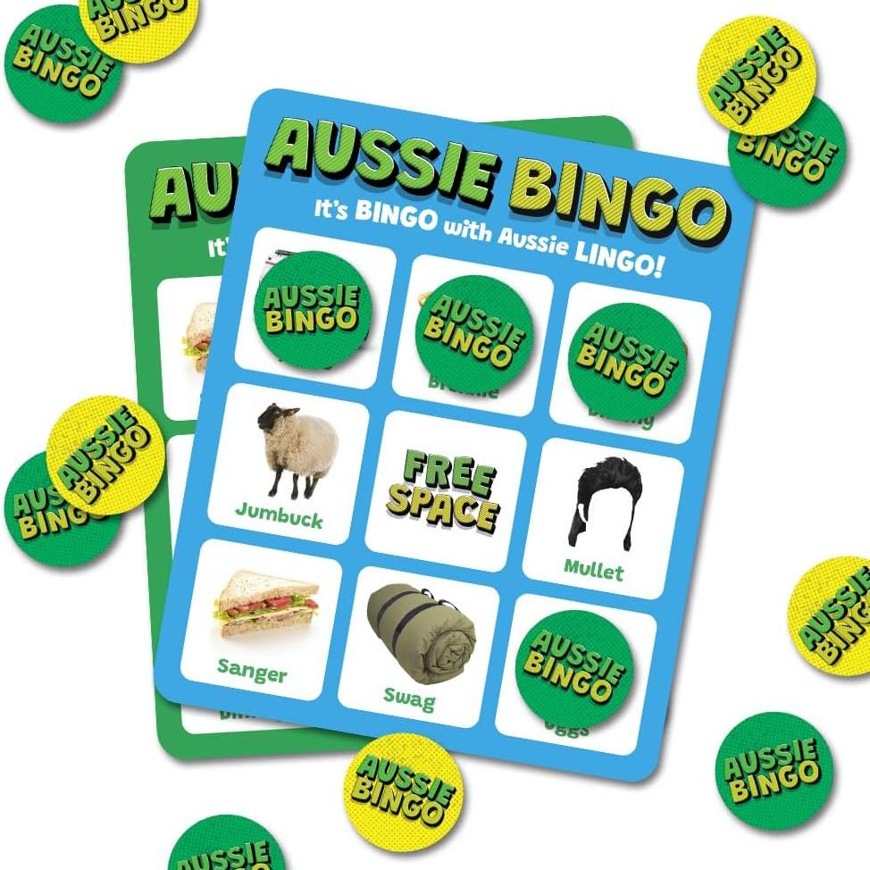Aussie Bingo game card with images of Jumbuck, Sanger, Swag, and Mullet, surrounded by scattered green and yellow bingo markers