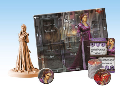 Unpainted female miniature, "Geneve" character board with a woman in a purple dress, game cards and tokens