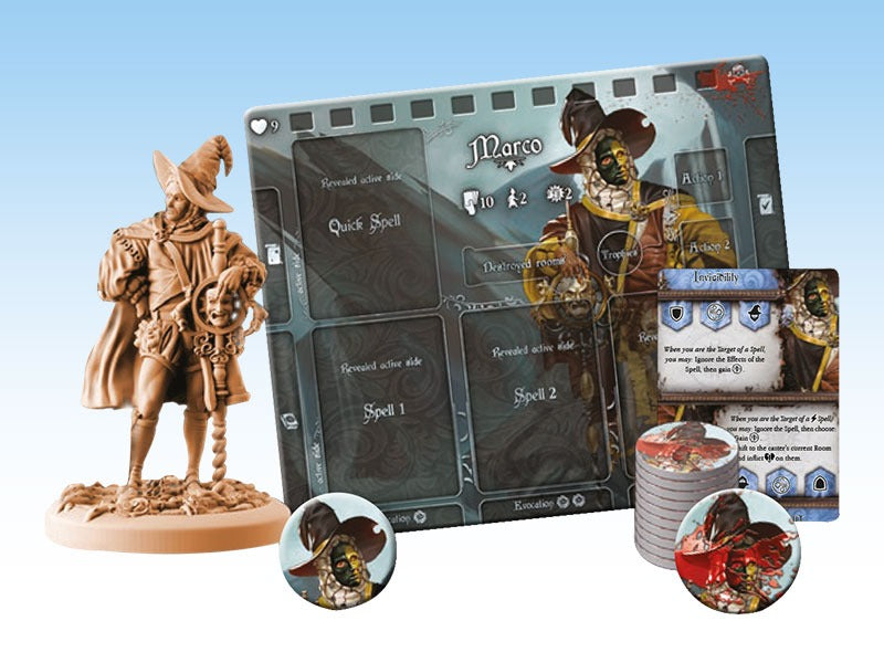 A beige J. Marco character miniature, player board, spell cards, and game tokens for a fantasy board game
