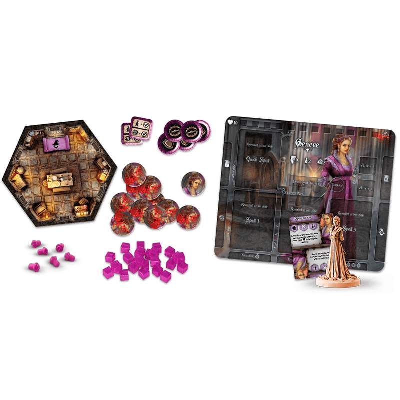 Fantasy board game components: a hexagonal room tile, character board with "Geneve," various tokens, and a standing miniature