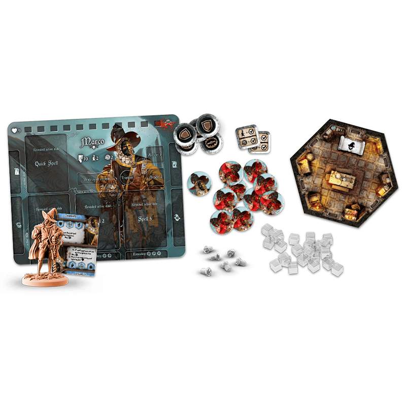 A board game set featuring a wizard miniature, character board, various tokens, and an octagonal room tile