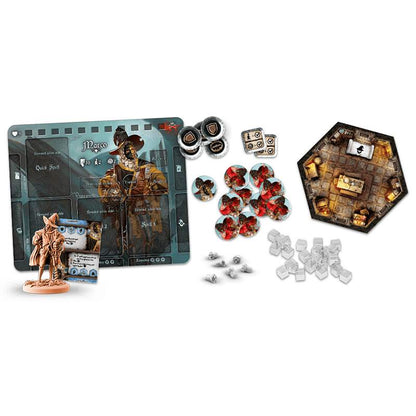 A board game set featuring a wizard miniature, character board, various tokens, and an octagonal room tile