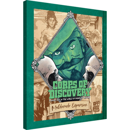 Corps of Discovery: Maldonado Expansion game cover. Green-hatted, mustached man with intense gaze, flanked by skulls and sepia vignettes